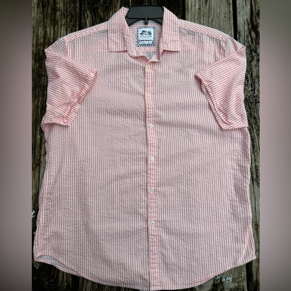 Denim & Flower Ricky Singh Seersucker Peach & White Striped Button Up Shirt L A7 - Picture 3 of 5